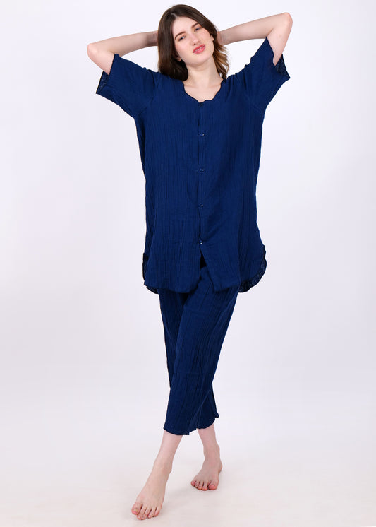 muslin short sleeve night suit navy blue