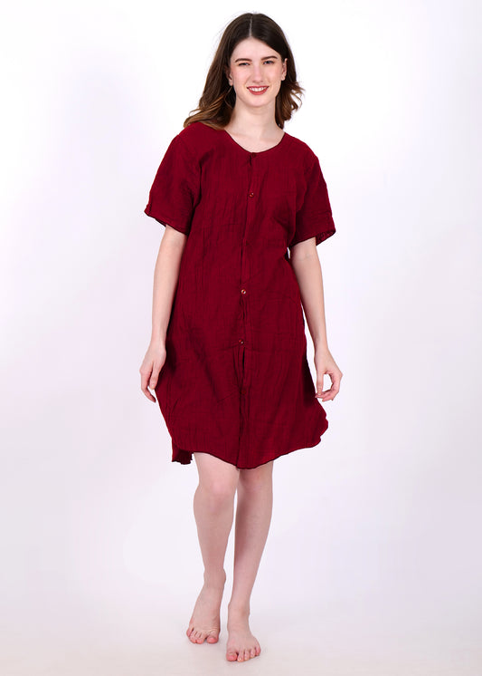 muslin knee length night suit single piece shirt maroon