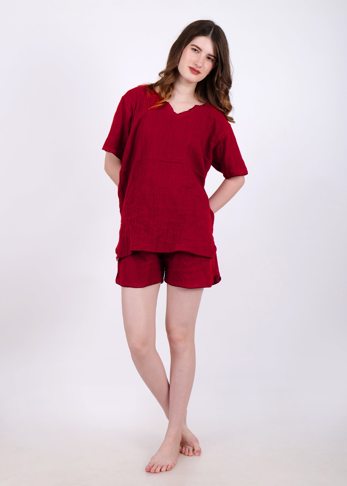 muslin top and shorts night suit maroon