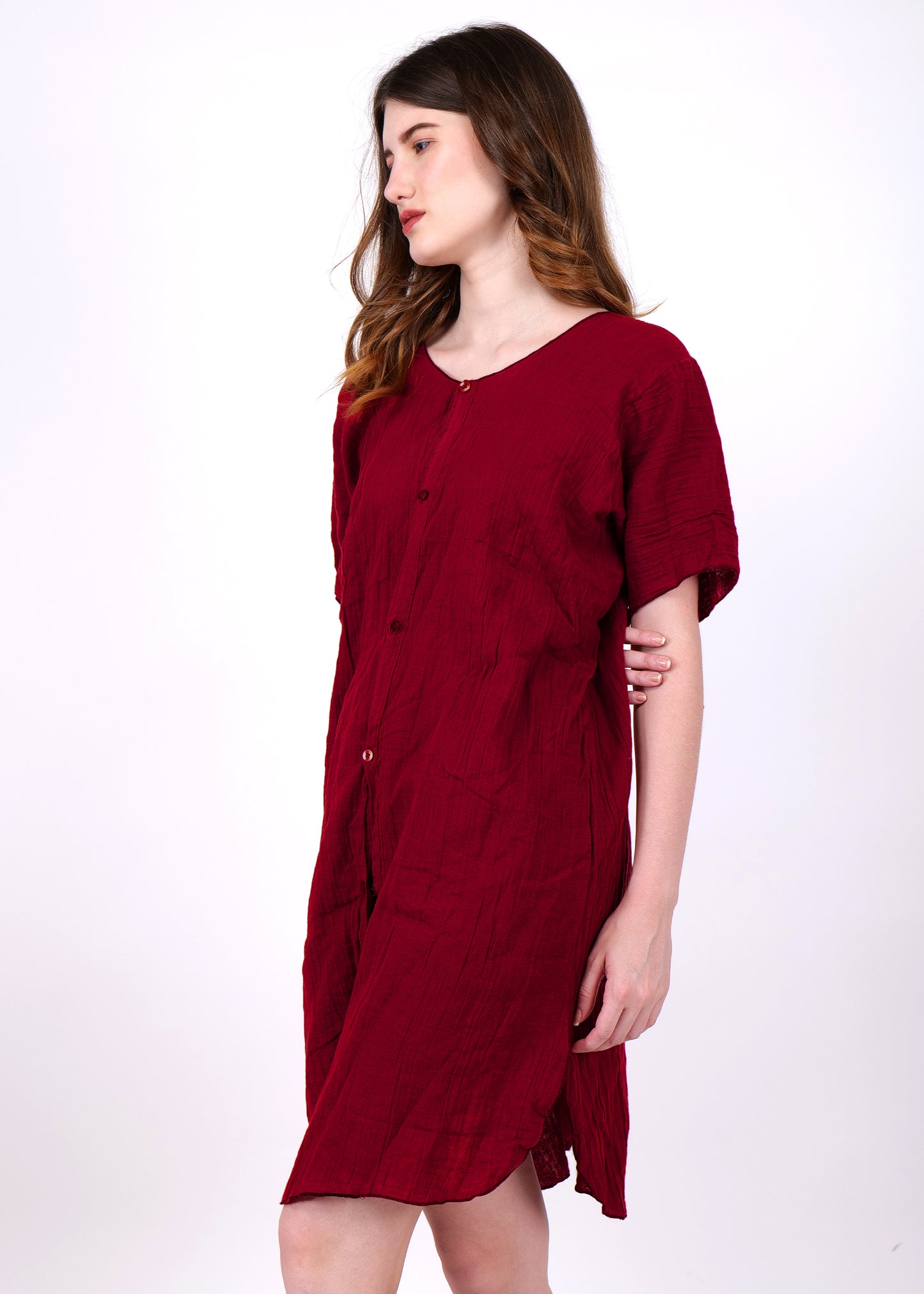 muslin knee length night suit single piece shirt maroon