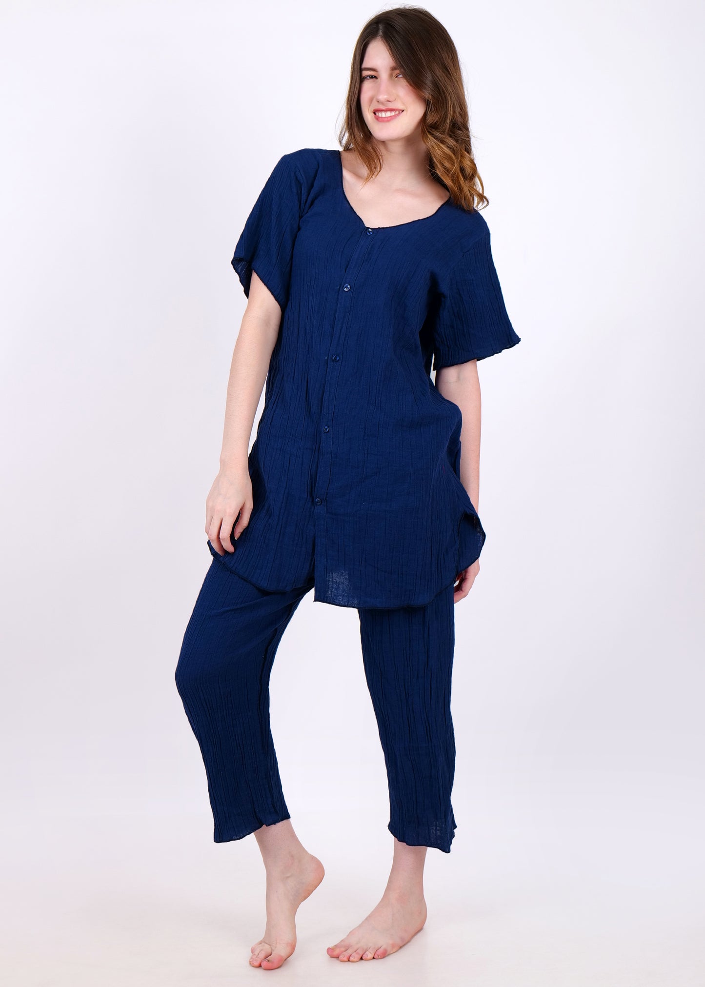 muslin short sleeve night suit navy blue