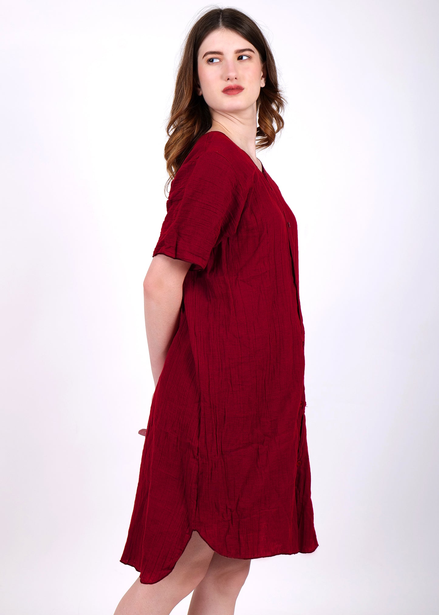 muslin knee length night suit single piece shirt maroon