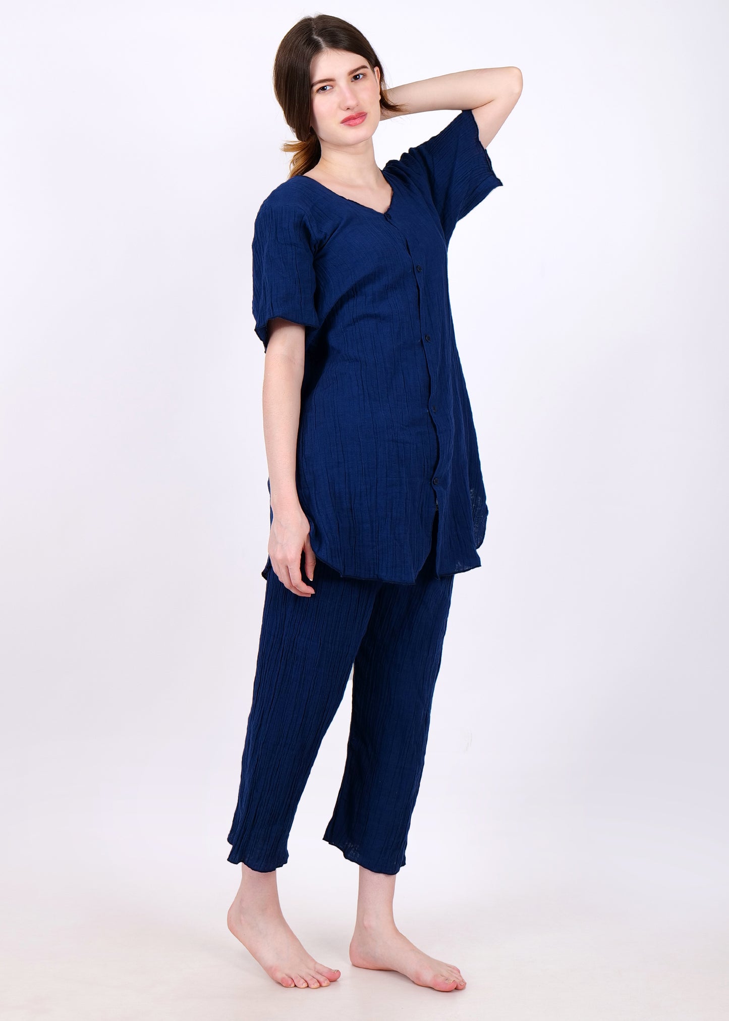 muslin short sleeve night suit navy blue