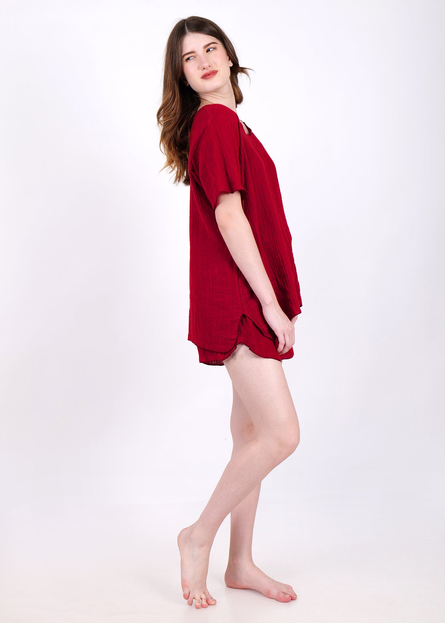 muslin top and shorts night suit maroon