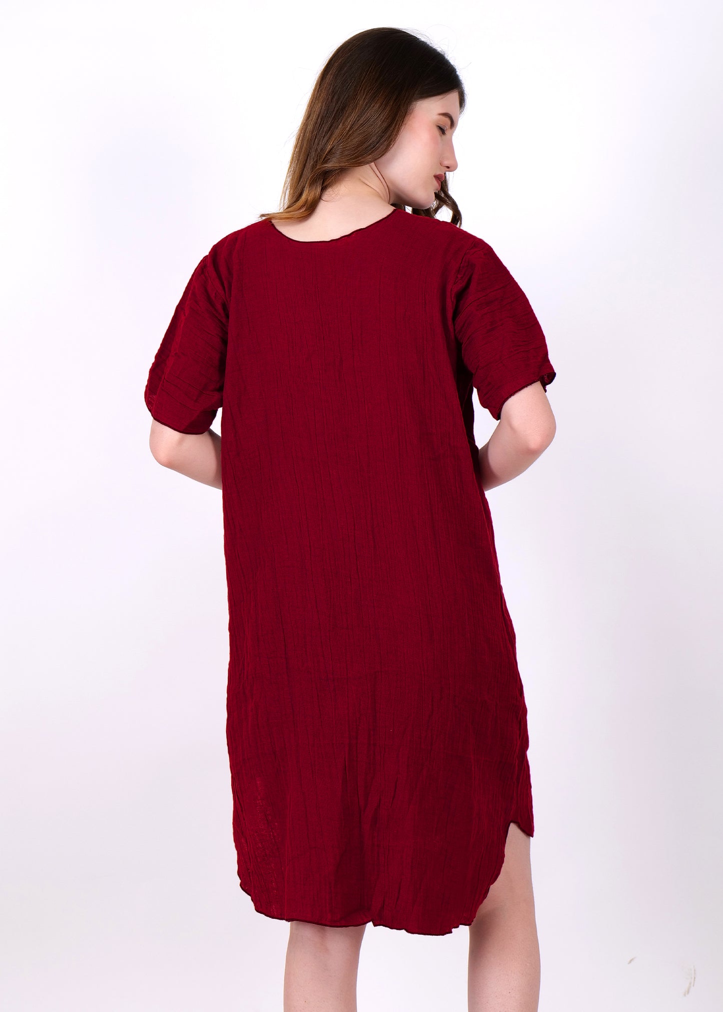 muslin knee length night suit single piece shirt maroon