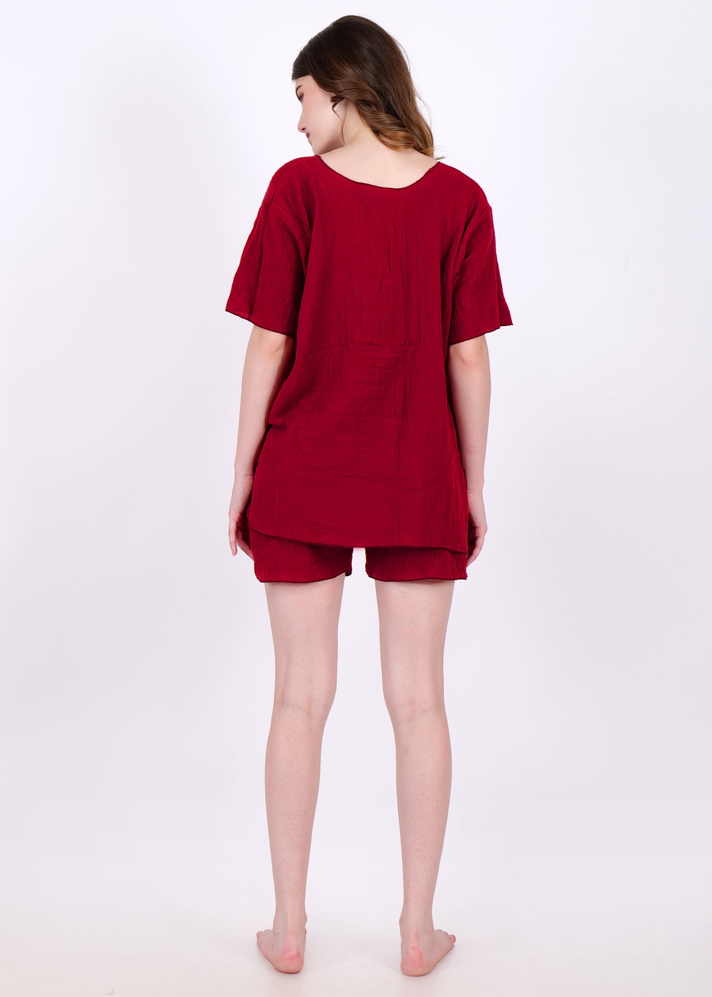 muslin top and shorts night suit maroon