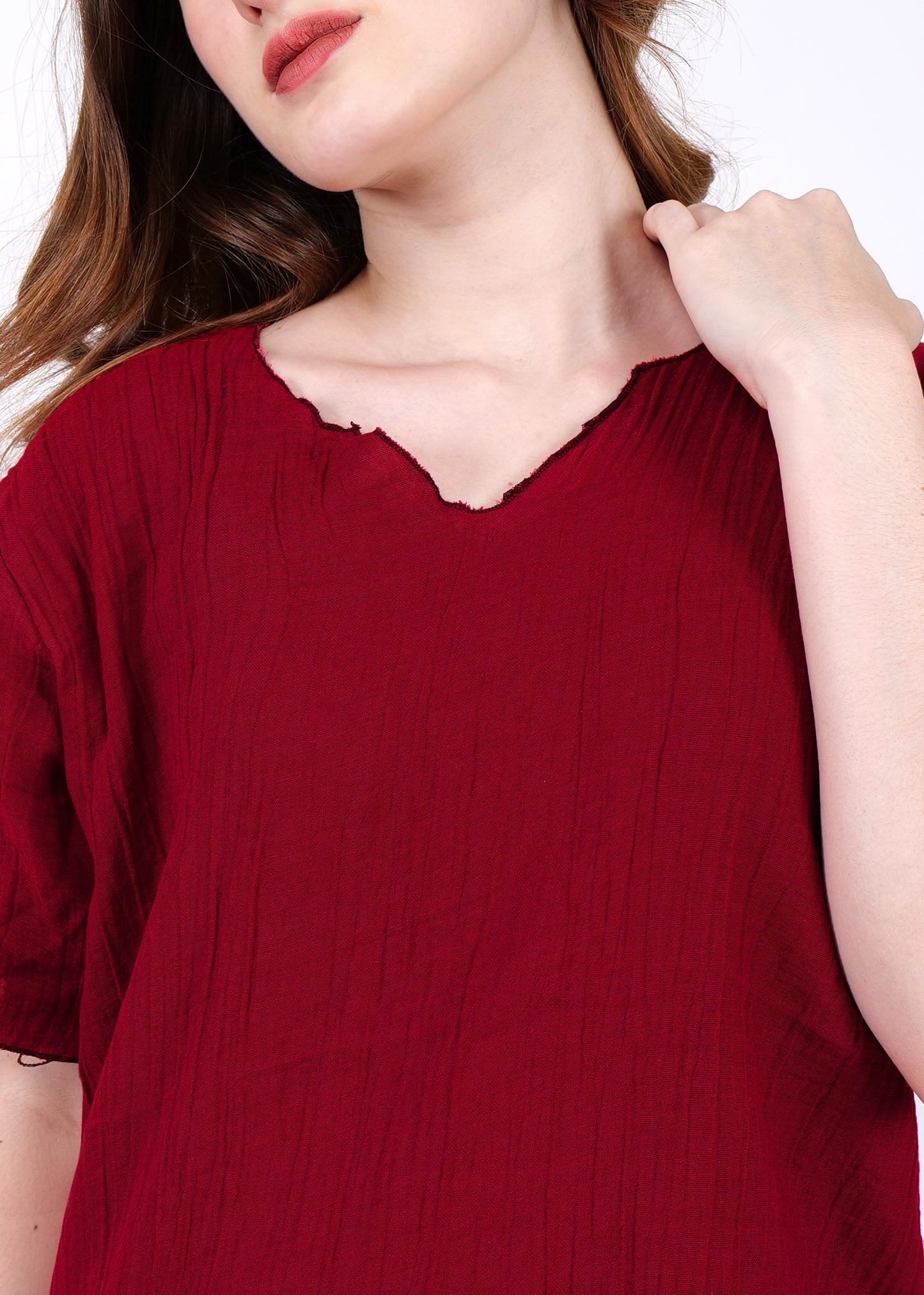 muslin top and shorts night suit maroon