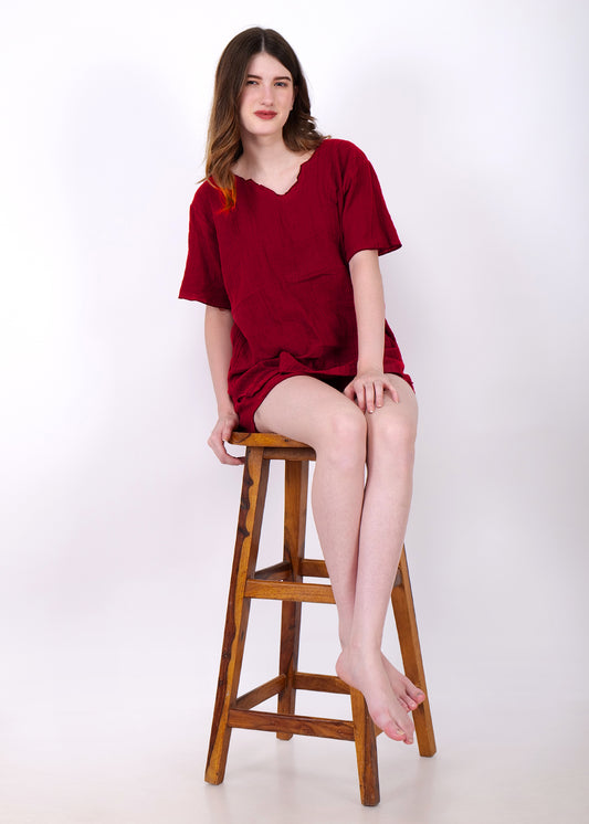 muslin top and shorts night suit maroon