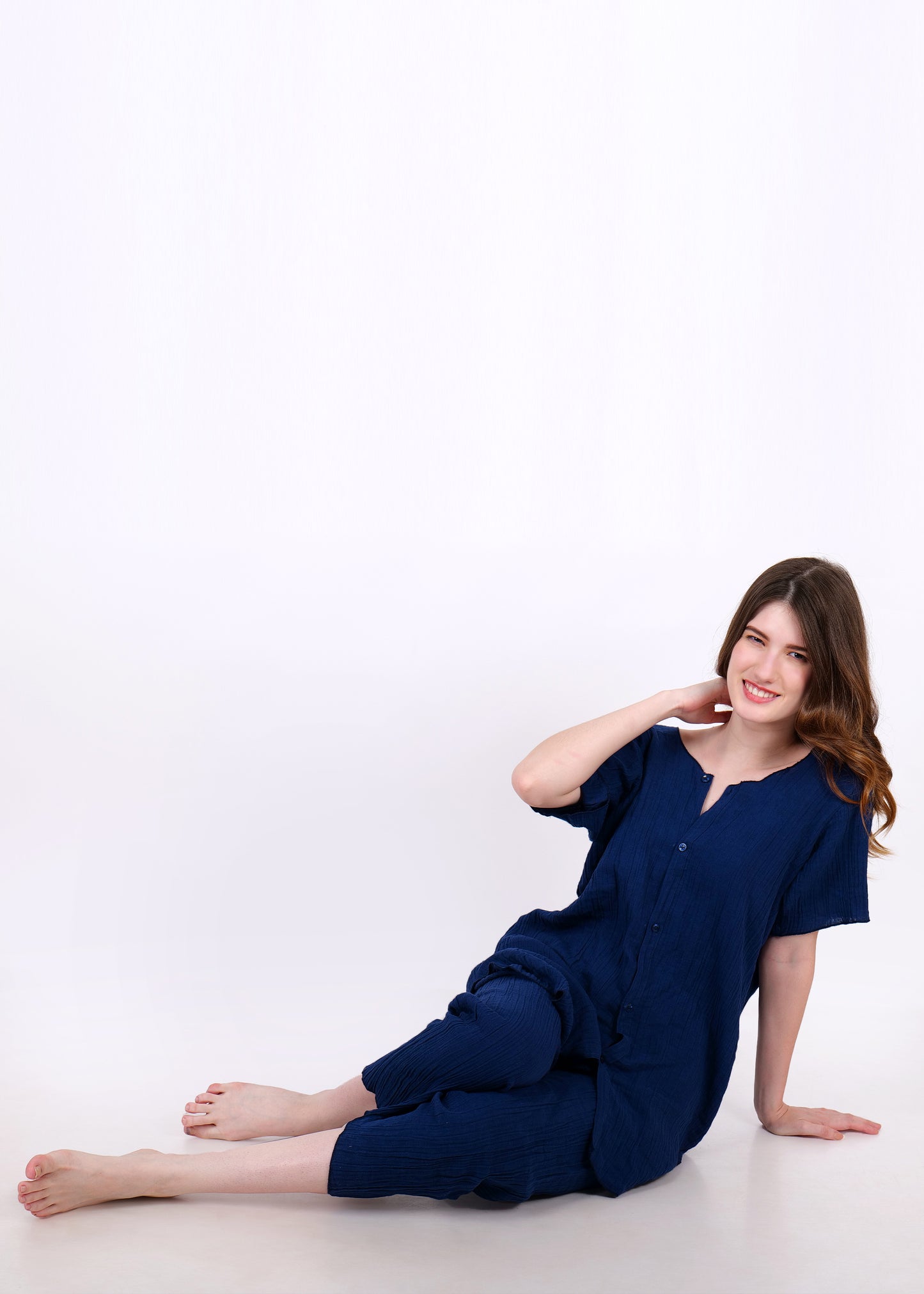 muslin short sleeve night suit navy blue