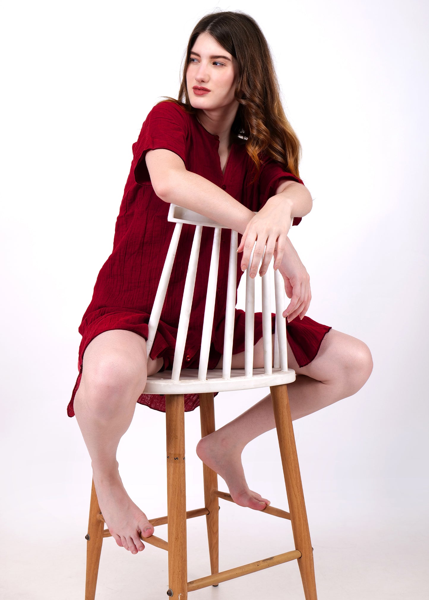 muslin knee length night suit single piece shirt maroon