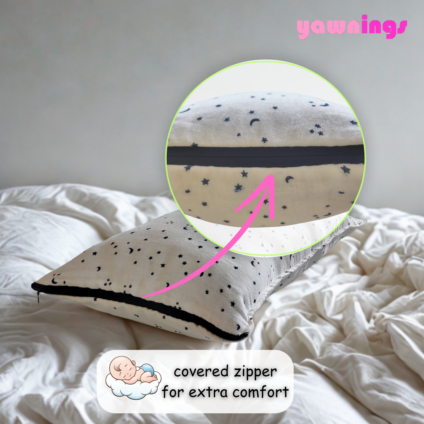 Grow-with-me baby pillow with 2 pillow covers for 1 to 10 years of age