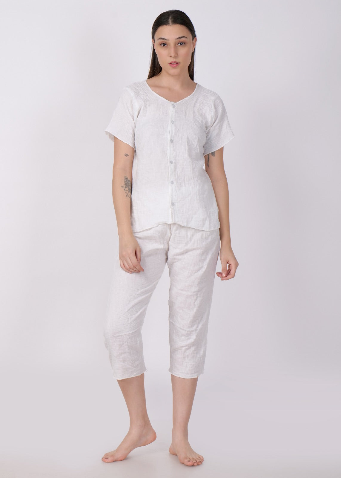 muslin short sleeve night suit white
