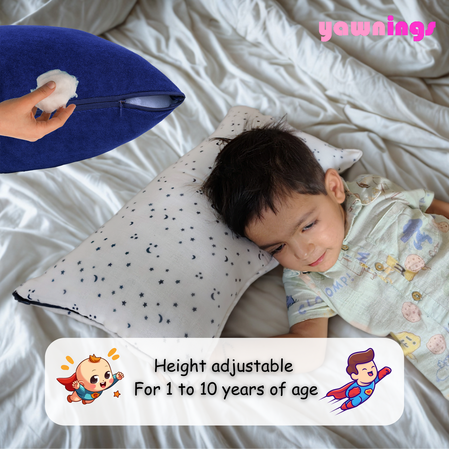 Grow-with-me baby pillow with 2 pillow covers for 1 to 10 years of age