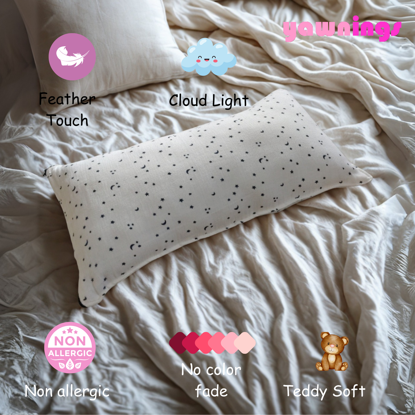 Grow-with-me baby pillow with 2 pillow covers for 1 to 10 years of age