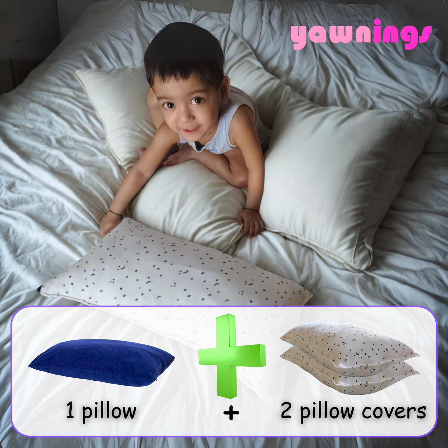 Grow-with-me baby pillow with 2 pillow covers for 1 to 10 years of age
